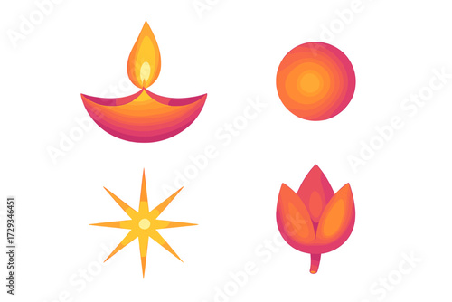 Abstract graphic elements featuring a traditional Indian oil lamp, radiant star, gradient circle, and blooming lotus flower