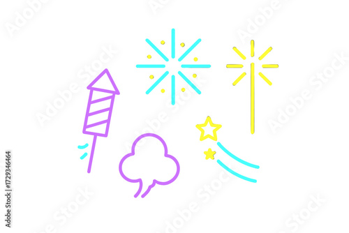 Colorful festive fireworks and celebration elements set with sparkler, firecracker, and starburst icons for holiday events