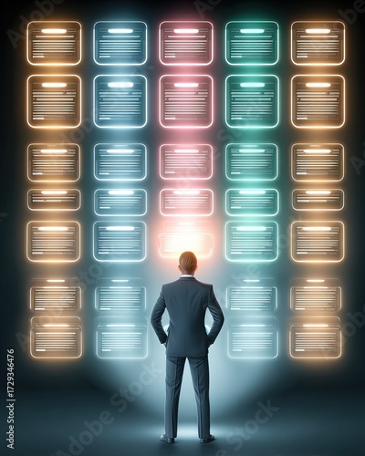 Dreamlike pathway focus art - Surreal pathway landscape - Abstract digital decision making concept - Business Professional Analyzing Digital Grid Interface with Illuminated Data Blocks for business in