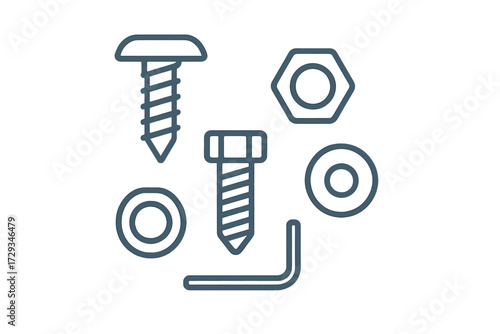 Assortment of essential hardware fasteners and tools like screws, nuts, washers, and an Allen wrench