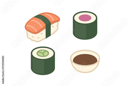 Delicious isometric sushi set with salmon nigiri, tuna maki, cucumber roll, and soy sauce bowl for Asian cuisine