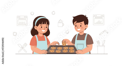 Children Baking Cookies, Joyfully Preparing Treats in Kitchen, Sharing Culinary Delight