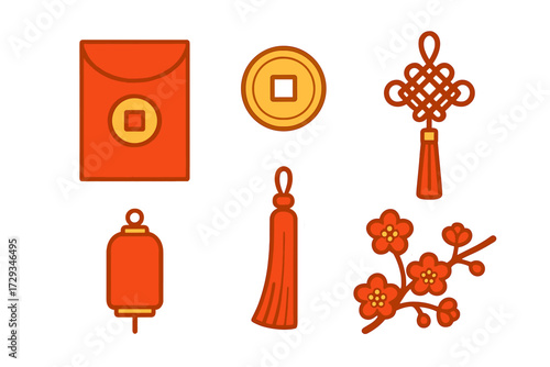 Traditional Chinese New Year symbols including red envelope, lucky coin, knot, lantern, tassel, and plum blossoms