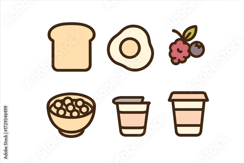 Collection of breakfast food icons including toast, fried egg, mixed berries, cereal bowl, coffee cup, and yogurt