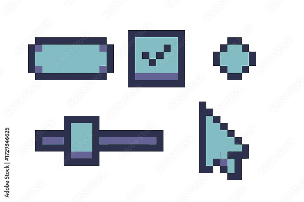 Obraz premium Collection of pixelated user interface elements featuring a slider, button, checkbox, and mouse cursor in a retro style