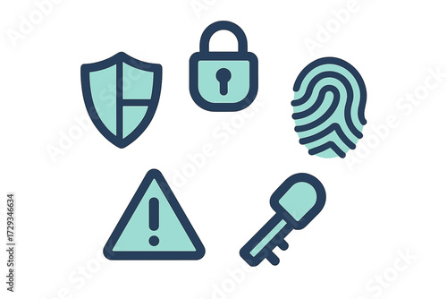 Digital security, data protection, and access control symbols including shield, padlock, fingerprint, warning, and key