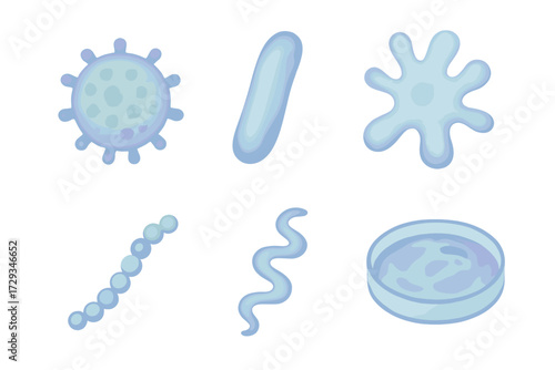 Collection of various microorganisms including bacteria, viruses, amoeba, and a petri dish for scientific research
