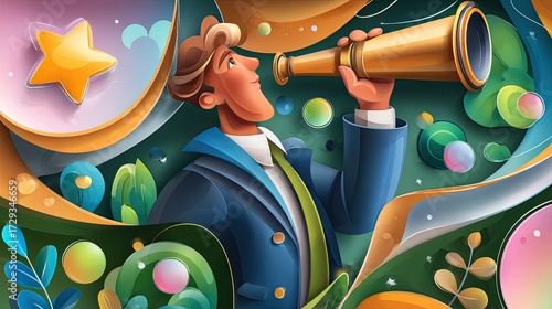 Strategic choice and balance art - Creative visionary journey - Abstract digital decision making concept - Visionary Businessman Looking Through Telescope in Abstract Colorful Landscape for business i