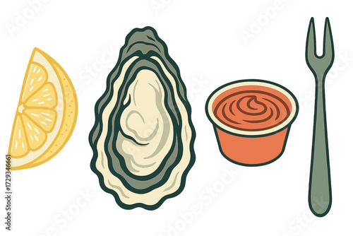 Fresh raw oyster with a vibrant lemon wedge, spicy cocktail sauce, and a specialized oyster fork for a delicious seafood meal