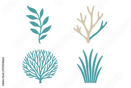 Stylized botanical elements and marine flora collection featuring leaves, branching coral, and aquatic plants