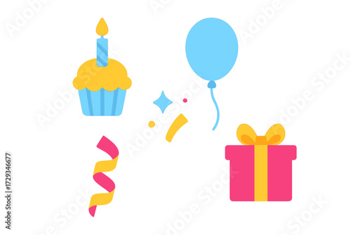 Vibrant collection of party essentials including a birthday cupcake, lit candle, blue balloon, pink gift box, and festive confetti