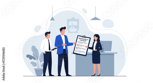 Business Team Reviewing Responsibility Checklist And Discussing Strategies In Modern Office