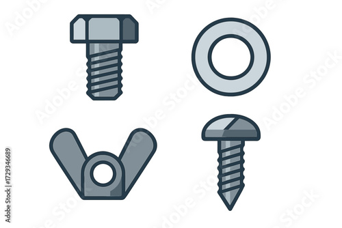 Collection of metal fasteners including a bolt, washer, wing nut, and screw for construction and repair