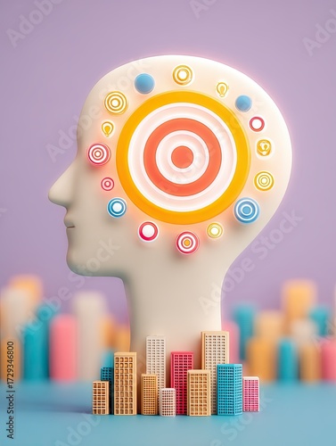 Strategic choice and balance art - Creative visionary journey - Abstract digital decision making concept - Abstract Human Head with Target Symbols and Cityscape on Purple Background for business innov