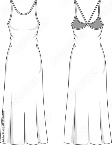 Women’s sleeveless long dress flat fashion sketch, V back slip dress CAD drawing, vector apparel template, elegant clothing design illustration