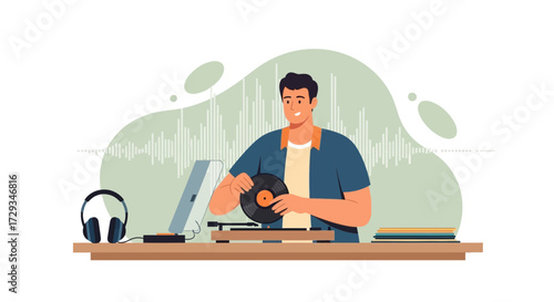 Classic Vinyl Record Experience as a Man Enjoys Music From the Turntable, Listening Pleasure