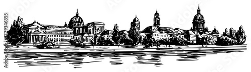 European Riverside City Skyline Line Art Vector