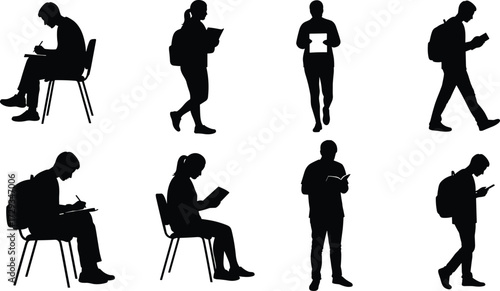 Silhouettes of students, in various poses, writing, reading, and walking with backpacks, perfect for educational and academic themes, isolated on white