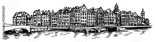 European Old Town Waterfront with Bridge Ink Sketch