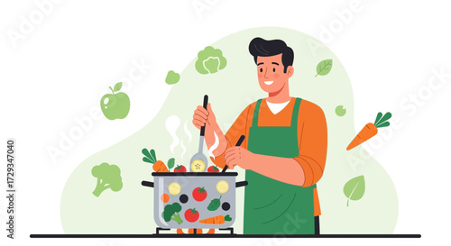Cheerful Chef Cooking Fresh Vegetables in a Pot, Preparing Nutritious Meal
