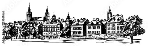 Historic European Riverside Town with Church Spires Ink Sketch