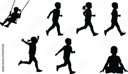 Silhouettes of children, in various poses, running, swinging, and sitting, showing different activities and movements, isolated on white