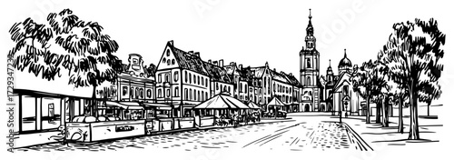 European Town Square With Church and Market Vintage Engraving Vector