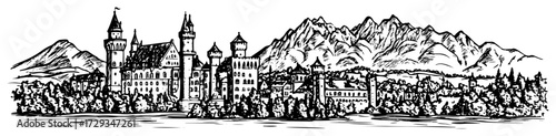 Alpine Castle With Mountains Vintage Engraving Vector