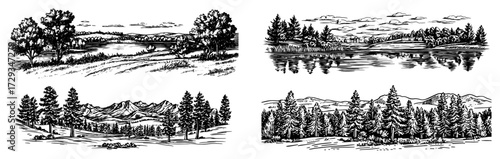 Vintage Landscape Engraving Set Forest Lake and Mountains Vector
