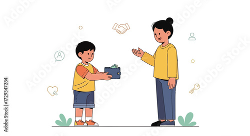 Child Paying With Wallet, Adult Receiving Payment, Financial Transactions Illustration
