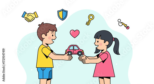 Children Exchange a Toy Car with Key Elements of Kindness and Affection in Playtime