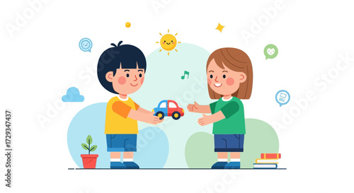 Children Exchange Animated Toy Car, Showing Joy And Positive Feelings About Sharing Fun Elements