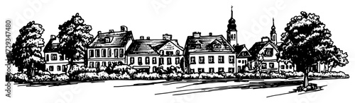 Historic European Village Street With Church Vintage Engraving Vector