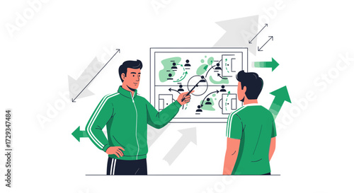 Coach Explaining Tactical Football Strategies Depicted With Arrows and Detailed Drawings