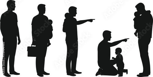 Men and fathers silhouettes, men in different poses, father with baby or child, business man, isolated on white