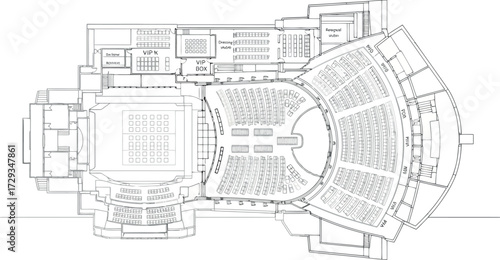 Vector art of architectural floor plan of a grand theater with a large seating capacity and stage