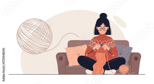Cozy Crafting: Illustration Of A Smiling Woman Knitting On A Comfortable Sofa