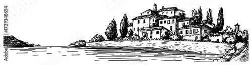 Tuscan Villa by Lake Panorama Line Art Vector