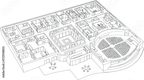Vector art of 3d architectural rendering of a buildings interior layout, showcasing rooms and corridors