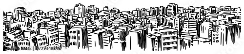 Dense Urban City Blocks Skyline Line Art