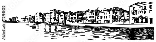 European Coastal Town Waterfront Panorama Ink Sketch