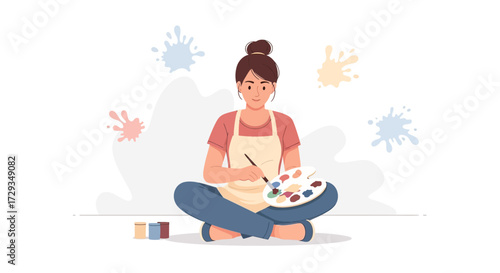 Creative Woman Artist Painting With Palette And Brush, Artistic Process And Creation Illustration