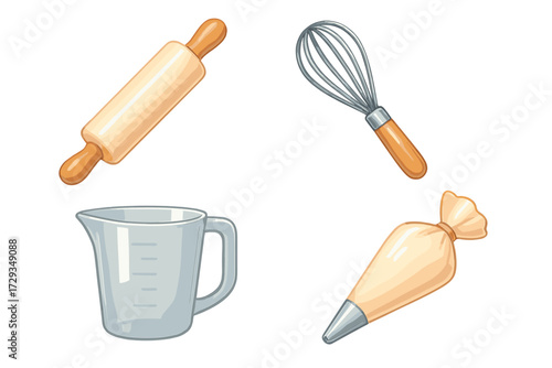Collection of essential kitchen baking tools including a wooden rolling pin metal whisk clear measuring cup and pastry piping bag