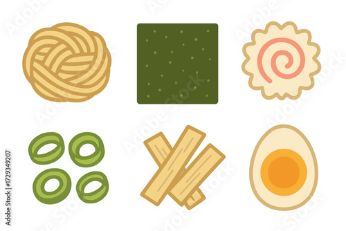 Popular Japanese ramen noodle soup ingredients and toppings set with narutomaki, egg, and seaweed