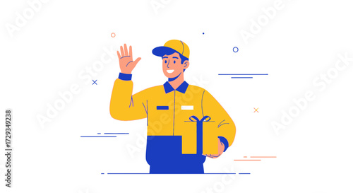 Delivery man with a gift box waving hand, showing a friendly and welcoming service