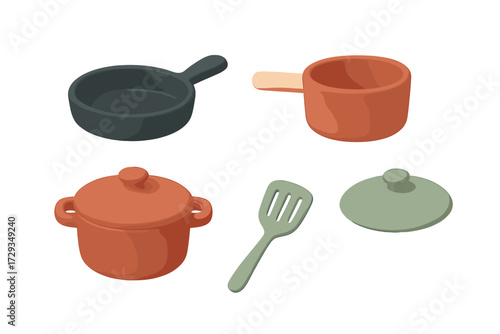 Modern minimalist kitchen cooking utensils and cookware set including pot pan spatula and lid in soft pastel colors on white background