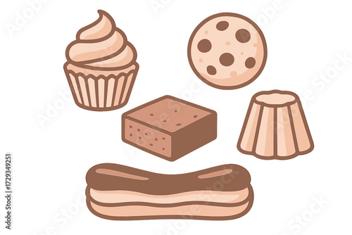 Assortment of popular baked goods and sweet treats including cupcake, cookie, brownie, eclair, and pudding
