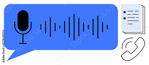 Microphone with soundwave inside speech bubble symbolizing voice recording, papers for transcription, phone for communication. Ideal for audio technology, speech-to-text, transcription, podcasting