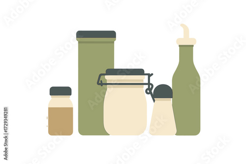 Essential kitchen containers for culinary preparation and pantry organization with jars, bottles, shakers