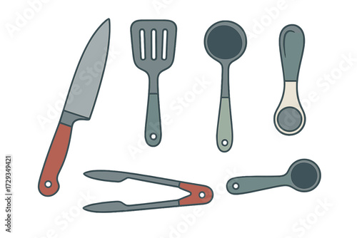 Set of essential kitchen cooking utensils and tools including knife, spatula, ladle, and tongs for meal preparation